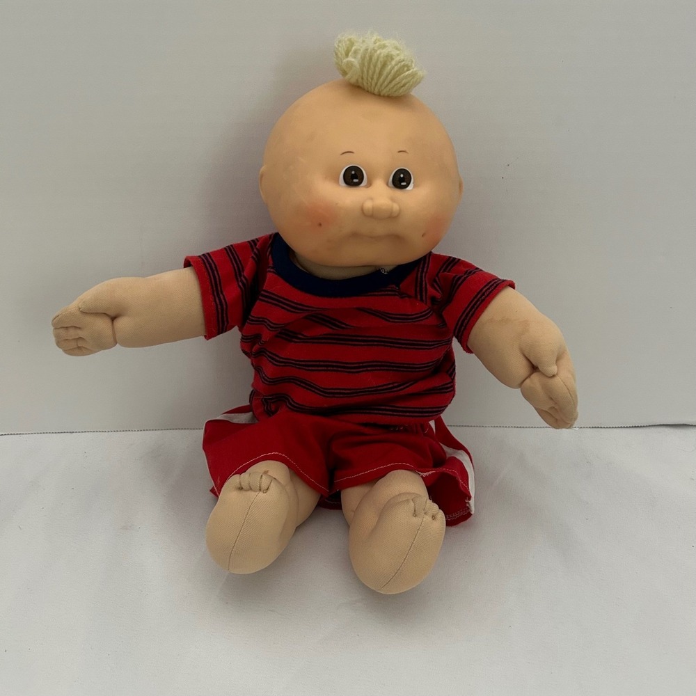 Vintage 1984 Coleco Cabbage Patch Kid Boy Doll Red Striped Shirt Blonde Hair